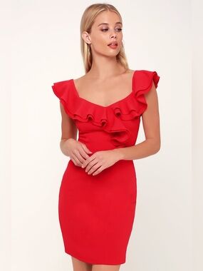 💋 LULUs Dance Floor Diva Red Ruffled Bodycon Dress. Size MEDIUM. Great Cond!